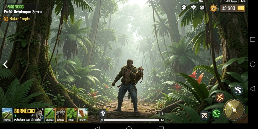 Gameplay BORNEO303 menampilkan petualangan seru di tengah hutan tropis.